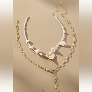 14KT Gold Plated Chain Mixed Layered Charm Necklace Anthropologie Shell NEW